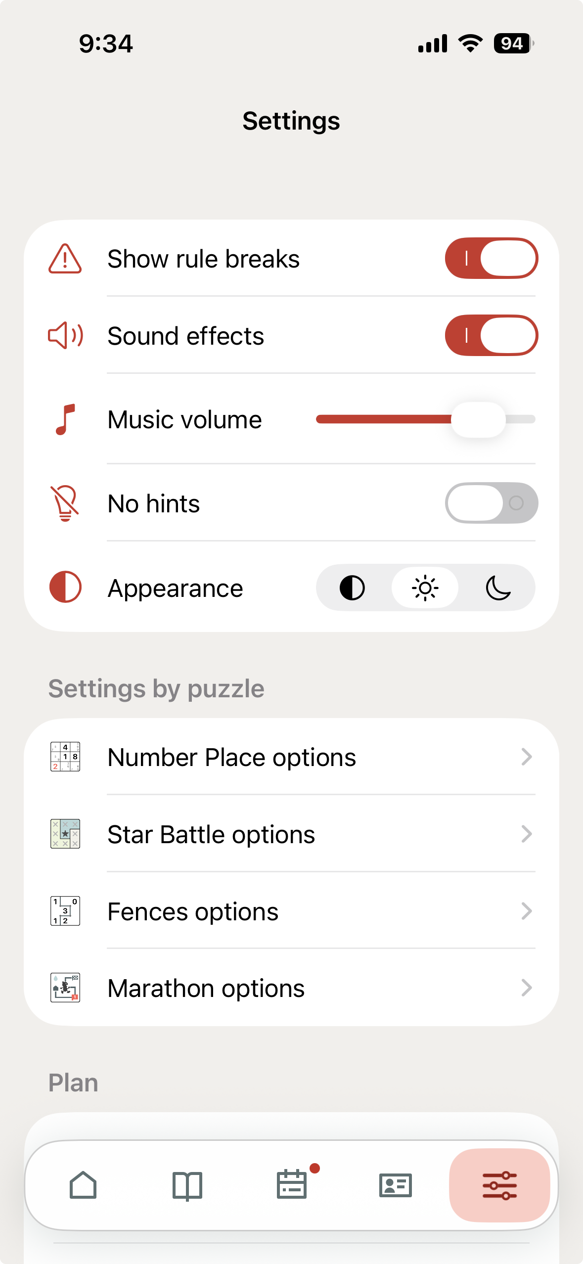 Settings — no-hint mode and per-puzzle options
